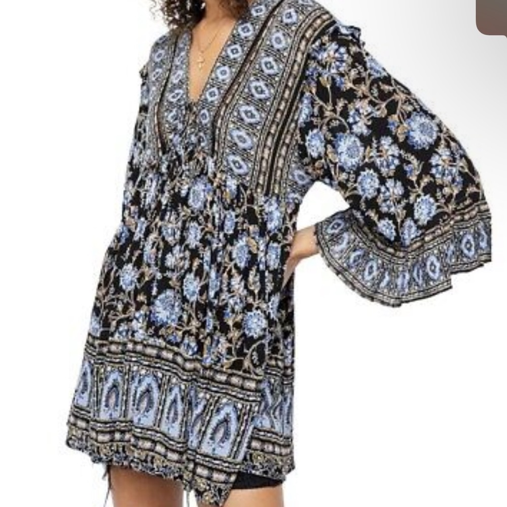 Free People Black and Light Blue Floral V-Neck Tunic